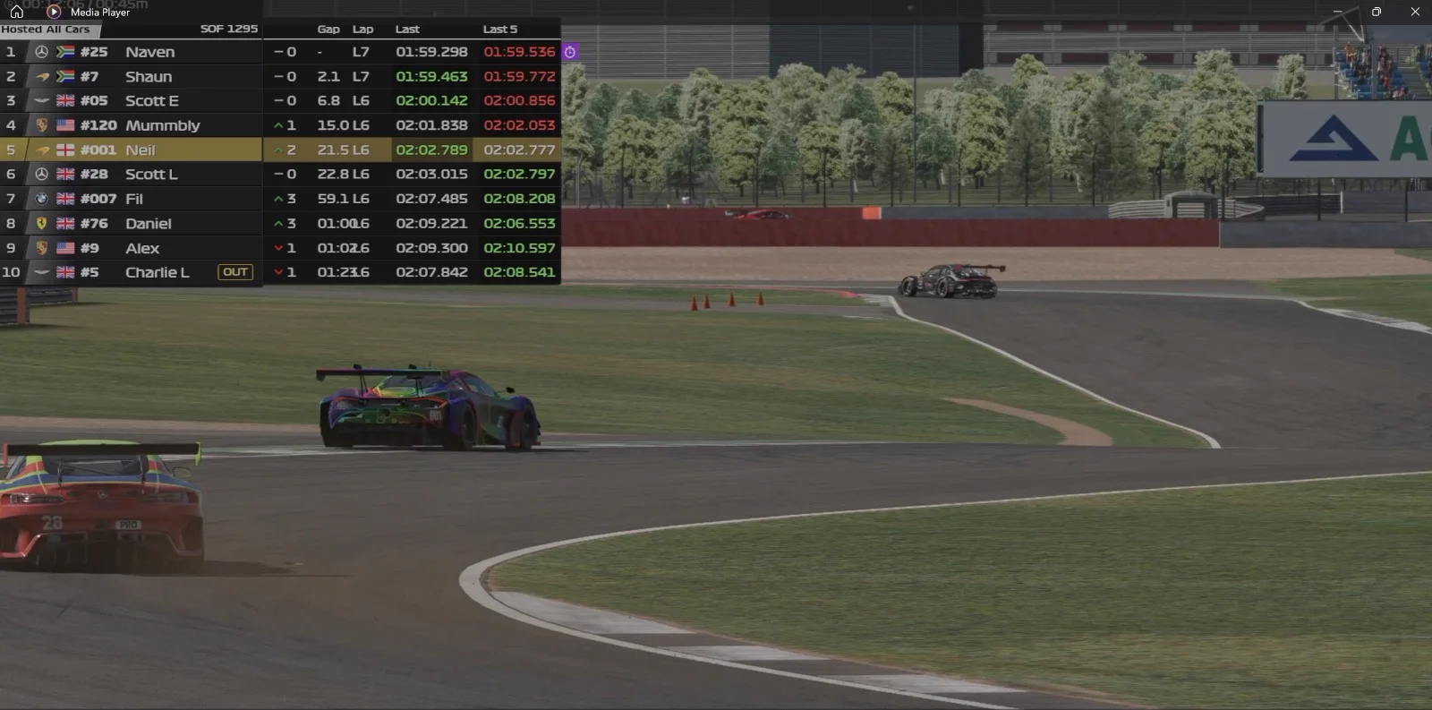 Mid-pack GT3 chase through technical sector with McLaren leading Mercedes-AMG and Porsche at apex